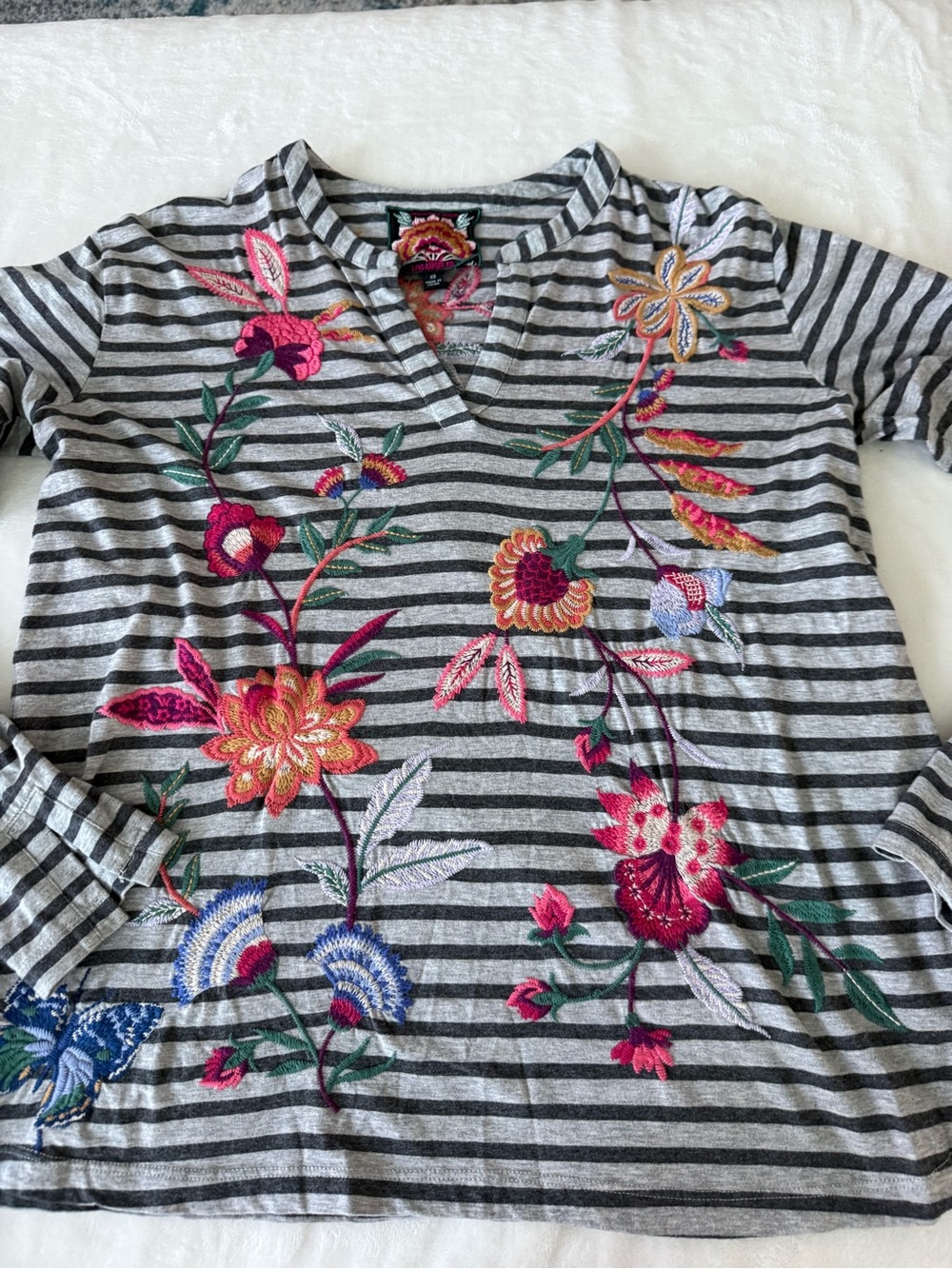 Johnny Was Gray and Black Striped Top w/ Beautiful Embroidery D86